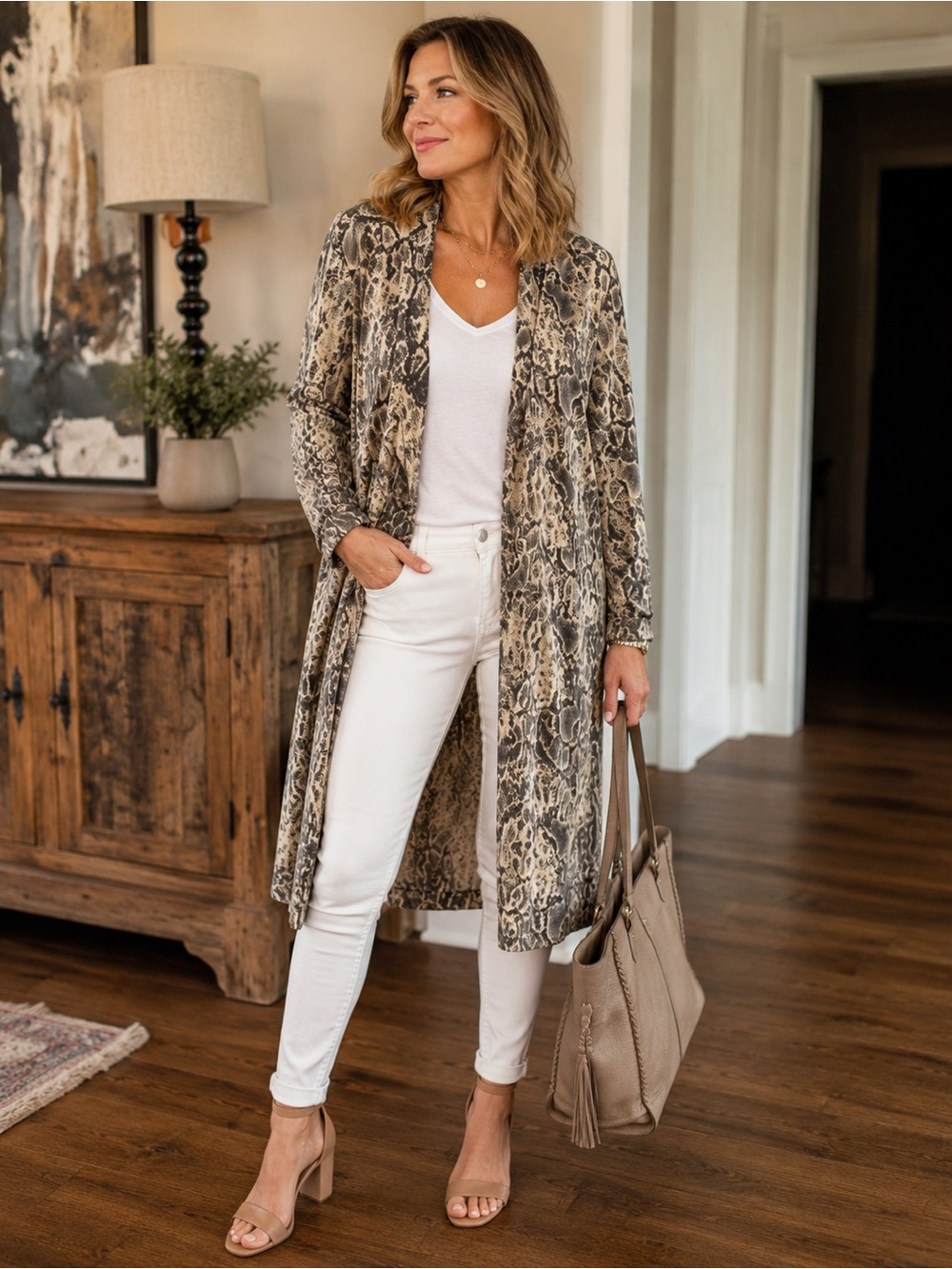 Sanctuary Lenox Duster Cardigan Snakeskin Print Open Front XS Extra Small cotton